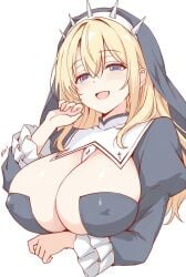 1girls arm_under_breasts artist_name big_breasts blonde_hair blue_eyes breasts busty character_request cleavage covered_erect_nipples female female_only half-closed_eyes highres large_breasts long_hair looking_at_viewer nun open_mouth solo tongue voluptuous