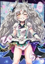 aroused blush cowboy_shot duel_masters flashing_panties gijinka grin heart in_heat lionel,_heavenly_zenith_of_"onore" medium_breasts one_eye_closed personification petite skirt_lift spoken_heart