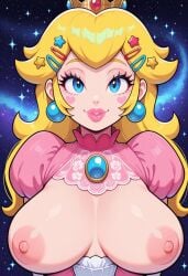 1female 1girls ai_generated big_lips blonde_hair blue_brooch blue_earrings blue_eyes blush_stickers broach civitai clothed clothed_female coloredbin.ai coloredbin_ai colorful_background crown earrings exposed_boobs exposed_breasts exposed_tits fair-skinned_female fair_skin female female_focus female_human female_only front_view front_view_focus glitter_background gold_crown golden_crown hair_clips hair_ornament hairclip hands_behind_back heart heart_symbol huge_boobs huge_breasts huge_breasts human human_female human_focus jewelry large_boobs large_breasts large_tits lidded_eyes long_hair looking_at_viewer mario_(series) mario_bros nintendo pink_areola pink_dress pink_lips pink_nipples plump_boobs plump_breasts plump_tits princess_peach royalty seductive seductive_gaze seductive_look seductive_smile solo solo_female solo_focus solo_human space_background stars upper_body upper_body_focus upper_body_only white-skinned_female white_skinned_female