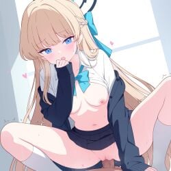 1boy absurdres blonde_hair blue_archive blue_eyes blue_halo blue_jacket blue_skirt breasts commentary cowgirl_position cowgirl_position female halo heart highres jacket jyt kneehighs long_hair long_sleeves medium_breasts miniskirt navel nipples official_alternate_costume open_mouth paid_reward_available shirt skirt sleeves_past_wrists socks spread_legs squatting_cowgirl_position straddling straight toki_(blue_archive) toki_(school_uniform)_(blue_archive) uncensored variant_set very_long_hair white_shirt white_socks
