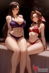 2d 2girls aerith_gainsborough ai_generated ass barefoot big_ass big_breasts blush bra couch dress erophoenix female female_focus final_fantasy final_fantasy_vii final_fantasy_vii_rebirth final_fantasy_vii_remake indoors jewelry large_breasts long_hair multiple_girls naked navel panties patreon_username purple_bra purple_panties red_bra red_eyes red_panties sitting small_breasts smile soles sweat sweating thick_thighs thighs tifa_lockhart underwear yuri