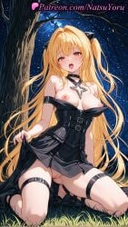 1girls 2025 ai_generated bangs bare_shoulders black_dress black_footwear blonde_hair blush breasts choker cleft_of_venus clothes_lift clothes_pull dress dress_pull hair_intakes hi_res highres kneeling konjiki lifted_by_self long_hair looking_at_viewer makeup medium_breasts natsuyoru night night_sky nipples no_panties open_mouth outdoors patreon pussy red_eyes sky solo star_(sky) starry_sky thigh_strap to_love-ru to_love-ru_darkness tongue tongue_out tree two_side_up vagina very_long_hair voluptuous voluptuous_female