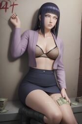ai_generated alley black_boots black_fingernails black_skirt cum_dripping_from_pussy cum_on_legs earrings fishnet_bra holding_money hooker hyuuga_hinata money naruto naruto_(series) naruto_shippuden prostitute prostitution purple_blouse purple_hair whore