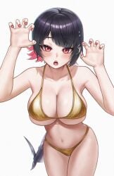 absurdres bare_shoulders bikini black_hair blush breasts claw_pose cleavage collarbone colored_inner_hair ellen_joe female fingernails fins fish_tail highres hoyoverse huge_breasts looking_at_viewer medium_hair multicolored_hair nail_polish navel open_mouth red_eyes red_hair red_nails shark_tail sharp_teeth simple_background solo stomach swimsuit tail teeth thighs two-tone_hair upper_teeth_only wan2 white_background yellow_bikini zenless_zone_zero