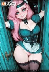 ai_generated apron aqua_dress aqua_eyes aqua_gloves aqua_legwear aqua_skirt black_legwear blue_eyes blush bow breasts choker cleavage closed_mouth collarbone dollmaker dress dress_lift enmaided facial_mark female female_pubic_hair fishnet_legwear fishnets fluttershy_(mlp) frills gloves green_dress green_legwear heart large_breasts lips long_hair looking_at_viewer lying maid maid_headdress medium_breasts mole_on_thigh no_panties on_back pink_hair pubic_hair puffy_short_sleeves puffy_sleeves pussy short_sleeves single_glove smile solo tagme thick_thighs thighhighs thighs waist_apron water white_apron