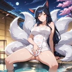 1girls absurd_res ahri ahri_(league_of_legends) ai_generated ass black_hair braid braided_hair clothed clothing female female_focus female_only fox_girl fox_tail from_front hand_on_pussy hot_spring kitsune league_of_legends night open_shoulders panties shoulders shrine smiling_at_viewer smirk smirking stable_diffusion thick_thighs thighs underwear yellow_eyes