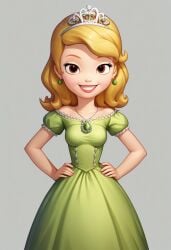 ai_generated amber bratty brown_eyes detailed detailed_background disney dress earrings female fusion_character green_dress princess_sofia smirk smug sofia_balthazar sofia_balthazar_x_princess_amber sofia_the_first tiara