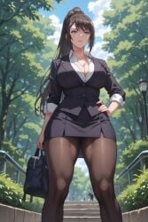ai_generated bag brown_hair chabashira_sae classroom_of_the_elite cleavage female long_hair mature_female office_lady pale-skinned_female pantyhose standing teacher