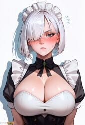 ai_generated bangs black_bow blush bow breasts cleavage closed_mouth female fiona_frost flying_sweatdrops frills grey_eyes hair_over_one_eye high_resolution highres large_breasts looking_at_viewer maid maid_headdress puffy_short_sleeves puffy_sleeves shiny shiny_skin short_hair short_sleeves simple_background solo spy_x_family stable_diffusion sweatdrop upper_body waifuscans418 white_background white_hair