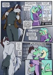 absurd_res animal_genitalia anthro aphrodisiac becoming_erect bodily_fluids canid canine canine_genitalia canis chikiot chikiota clothing comic comic_panel dialogue dragon dripping duo english_text erection eye_patch eyewear face_grab forced forced_kiss foreskin genital_fluids genitals grinding_on_penis half-closed_eyes hi_res horn kissing leaking_precum leonzawolf magic_user making_out male male/male mammal musk musky_penis mythological_creature mythological_scalie mythology narrowed_eyes penis potion precum precum_drip reptile robe saliva scalie sheath speech_bubble story story_in_description surprise sweat text undressing wolf