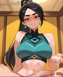 1boy 1boy1girl 1girls after_handjob ai_generated asian asian_female big_breasts black_eyes black_hair blush cum cum_on_hand female flaccid flaccid_penis midriff nude_male penis pov riot_games sage_(valorant) tagme valorant viviai