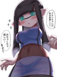 1girls aqua_eyes bangs black_hair blunt_bangs blush breasts callie_(splatoon)_(cosplay) cosplay covered_navel female inkling inkling_girl large_breasts long_hair looking_down navel nintendo pantyhose pointy_ears simple_background skirt solo solo_female solo_focus splatfest splatoon splatoon_3 summer_nights_splatfest tamanya tentacle_hair translation_request white_background