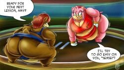 amy_rose anthro archie_comics ass bbw chipmunk dialogue duo english_text eulipotyphlan female ground_squirrel hedgehog mammal obese obese_anthro obese_female overweight overweight_anthro overweight_female rodent royaljellysandwich sally_acorn sciurid scut_tail sega short_tail sonic_the_hedgehog_(archie) sonic_the_hedgehog_(comics) sonic_the_hedgehog_(series) sumo tail text