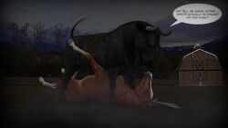 16:9 bovid bovine cattle comic comic_panel defeat defeated duo equid equine feral fight horse male male/male mammal pinned pinned_to_ground sunjaguar widescreen