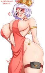 1girls anisdrawn ass breasts choker dress female female_focus female_only glasses hi_res large_breasts light-skinned_female light_skin looking_at_viewer purah purah_(tears_of_the_kingdom) slit_dress solo tears_of_the_kingdom the_legend_of_zelda thick_thighs thigh_strap thighs white_background white_hair wide_hips