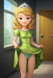 ai_generated amber bratty brown_eyes detailed detailed_background disney dress earrings exposed_panties female fusion_character green_dress panties presenting presenting_panties princess_sofia smirk smug sofia_balthazar sofia_balthazar_x_princess_amber sofia_the_first tiara