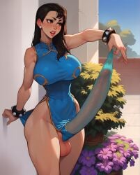 ai_generated big_breasts black_hair chun-li condom futanari highres huge_breasts huge_cock large_penis pulling_condom self_upload small_waist standing street_fighter supermanson thick_thighs wide_hips