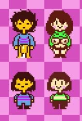 2d_(artwork) blue_sweater breasts_out brown_boots chara chara_(undertale) female_chara frisk frisk_(undertale) green_sweater male_frisk my_version penis pink_nipples pixel_(artwork) pixel_art semi_nude simple_background snasundrtle sweater undertale undertale_(series)