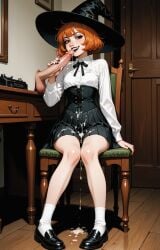 ai_generated bare_legs black_eyeshadow black_lips black_loafers black_nails black_pleated_skirt black_ribbon_tie bob_cut chair corset cum_on_clothes fellatio female freckles ginger messy_hair penis small_breasts smug traditional_room white_dress_shirt white_socks witch witch_hat