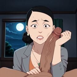 ai_generated debbie_grayson deborah_grayson drooling forearm_cock horny_female invincible invincible_(comics) invincible_(tv_series) looking_at_viewer mark_grayson mother_and_son office_lady shocked_expression steaming_body surprised_expression sweating