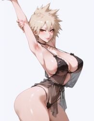ai_generated big_breasts blonde_hair huge_ass lewdwaifulaifu lingerie looking_back milf mitsuki_bakugou my_hero_academia red_eyes sideboob