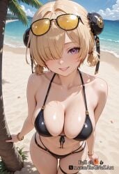 2025 ai_generated bangs bare_shoulders beach bikini black_bikini blonde_hair blush bracelet breasts bun_cover cleavage cloud collarbone day double_bun eyewear_on_head female female female_focus front-tie_top hair_bun hair_over_one_eye hoyoverse jewelry large_breasts looking_at_viewer mihoyo multi-strapped_bikini navel nsfw o-ring ocean outdoors palm_tree parted_lips patreon_username purple_eyes rognezart short_hair short_twintails skindentation sky smile solo sunglasses sweety_(zenless_zone_zero) swimsuit thigh_strap thighs tree twintails wet zenless_zone_zero