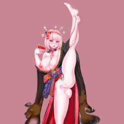 barefoot big_breasts breasts cigma drunk hololive hololive_english hololive_myth kimono mori_calliope nipple_slip no_bra no_panties partially_clothed pink_hair pubic_hair pussy short_hair spilled_drink vertical_splits virtual_youtuber white_skin