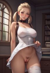 ai_generated bandage bandaged_leg blonde_female blonde_hair blue_eyes breasts collar dress female fio_(nier_reincarnation) large_breasts nier nier_reincarnation pubic_hair pussy seductive seductive_look thighs twintails