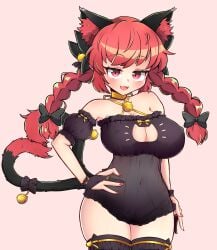 :3 :d absurdres animal_ear_fluff animal_ears bell black_gloves black_thighhighs blush braid breasts cat_cutout cat_ears cat_girl cat_lingerie cat_tail cleavage cleavage_cutout clothing_cutout cowboy_shot detached_sleeves female fingerless_gloves gloves hand_on_own_hip highres kaenbyou_rin large_breasts looking_at_viewer meme_attire multiple_tails neck_bell open_mouth pink_background red_eyes red_hair red_nails see-through_clothes showers-u side_braids simple_background smile solo tail thighhighs touhou twin_braids two_tails variant_set