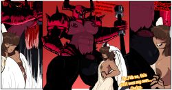 2boys absurd_res angel anthro armor axe balls baron_(susieruu) big_pecs big_penis bulge bulge_in_face demon dialogue duo english_text femboy gay genitals heart_symbol hi_res humanoid imminent_sex male male/male muscular muscular_male nipple_piercing nipples pecs penis penis_in_face piercing ramiel_(kyoriichi) size_difference susieruu text weapon wings yaoi