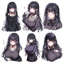 ai_generated bangs big_breasts black_clothing black_hair cleavage collar goth goth_girl hair_ornament huge_breasts original perchance_ai piercing purple_eyes self_upload short_hair