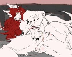 2_tails anthro anus ass balls beard bed biceps bodily_fluids bracelet canid canine claws cum cum_drip cum_in_mouth cum_inside cum_on_butt cum_on_face dripping dumbmutterson facial_hair facial_markings fluffy fox fur fur_markings furniture genital_fluids genitals grin hair head_markings hi_res jewelry long_hair lying lying_on_bed male mammal markings multi_tail muscular muscular_male muscular_thighs nipples on_bed perineum presenting presenting_anus red_beard red_facial_hair red_hair scar smile solo tail teeth valance_(dumbmutterson) white_body white_fur yellow_eyes