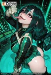 ai_generated ass asui_tsuyu black_eyes black_hair blush bodysuit breasts city dollmaker female gloves glowing green_hair hair_rings long_hair looking_at_viewer looking_up low-tied_long_hair medium_breasts patreon_username pool solo sparkle tagme thighhighs thong tongue tongue_out tsuyu_asui white_gloves