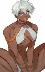 :d abs anklet armlet bangs bare_shoulders bikini blue_eyes blush bracelet breasts clothing dark-skinned_female dark_skin earrings elena_(street_fighter) female female halterneck hoop_earrings indian_style jewelry large_breasts looking_at_viewer medium_breasts muscle muscular muscular_female navel neck_ring open_mouth short_hair sitting smile solo street_fighter swimsuit teeth thighs trnnmnm4 very_dark_skin white_bikini white_hair