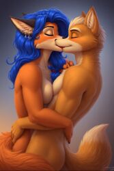 ahrefd ai_generated anthro anthro_on_anthro big_breasts blue_hair breasts carmelita_fox crossover crossover_kiss embrace female fox fox_mccloud hair hug hugging intraspecies kiss_on_lips kissing lipstick long_hair makeup male male/female naked nintendo nude orange_body orange_fur sly_cooper_(series) star_fox sucker_punch_productions video_games