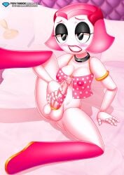 2025 absurdres ass bbmbbf black_eyelashes black_eyes blush bracelet breasts cockring colored_skin commission commissioner_upload cum cum_on_penis erection female futanari gem hand_on_penis highres humanoid jewelry leg_up legs_spread lips medium_breasts nipples original palcomix penis pietros_secret_club pillow_shading pink_hair pink_skin red_mouth robot sakura_best_friend_robot spread_legs teeth wink