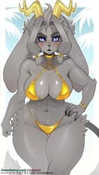 abs absurd_res anthro antlers big_breasts bikini blue_eyes bovid breasts caprine clothed clothing curvy_figure female fur goat golden_week grey_body grey_fur hair hi_res horn jackalope lagomorph leporid mammal navel pseudoregalia rabbit simple_background solo sweet_chubbs swimwear sybil_(pseudoregalia) tail thick_thighs thigh_gap two-piece_swimsuit wide_hips