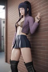 ai_generated alley black_boots black_fingernails black_panties cum_dripping cum_dripping_from_pussy cum_on_leg dark_blue_skirt earrings fishnet_bra hooker hyuuga_hinata leaning_on_wall naruto naruto_(series) naruto_shippuden prostitute prostitution purple_hair purple_jacket wall whore