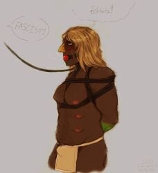 adult_swim ball_gag blonde_hair blush bondage gagged half-erect_under_clothing leash_and_collar man_boobs moobs muscular muscular_male solo submissive_male xavier_renegade_angel yaoi