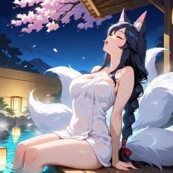 1girls absurd_res ahri ahri_(league_of_legends) ai_generated black_hair braid braided_hair closed_eyes clothed clothing female female_focus female_only fox_girl fox_tail from_side hot_spring kitsune league_of_legends night open_mouth open_shoulders panties shoulders shrine stable_diffusion thick_thighs thighs underwear yellow_eyes