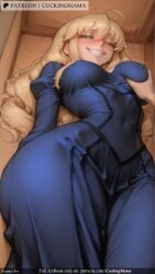 ai_generated blonde_hair blush breast_grab breasts cameltoe cuckingmama eyebrows_visible_through_hair female flying_sweatdrops from_below grabbing grabbing_from_behind green_eyes grin groping hat long_hair looking_down medium_breasts smile solo_focus tagme