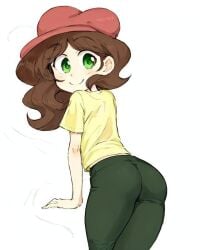 1girls ai_mirror allennilsen_(editor) ass ass ass_focus beret big_ass big_butt brown_hair clothed clothing curly_hair curvy curvy_figure edit female female_focus female_only green_eyes green_pants hat leggings light-skinned_female light_skin long_hair looking_at_viewer okusheny pants pose posing red_hat simple_background smile solo suggestive white_background yellow_shirt youtube_hispanic youtuber