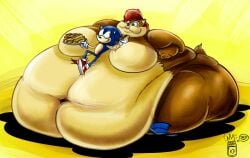 1boy 1girls 2013 anthro archie_comics bbw belly big_belly black_nose blue_body blue_eyes breasts brown_body chipmunk chubby_cheeks clothing digital_media_(artwork) duo eating eulipotyphlan featureless_breasts feeding female fingers food footwear furry green_eyes ground_squirrel hair hedgehog holding_food holding_object hot_dog huge_belly hyper hyper_belly larger_female lying male mammal morbidly_obese morbidly_obese_anthro morbidly_obese_female navel obese obese_anthro obese_female overweight overweight_anthro overweight_female plate red_hair rodent royaljellysandwich sally_acorn sciurid scut_tail sega shoes short_tail signature size_difference smaller_male sonic_(series) sonic_the_hedgehog sonic_the_hedgehog_(archie) sonic_the_hedgehog_(comics) sonic_the_hedgehog_(series) tail tan_body torn_shoes