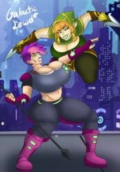 2girls ada_(brawlhalla) big_ass big_breasts brawlhalla ember_(brawlhalla) female fighting_pose fighting_stance galacticlewd huge_ass huge_breasts looking_at_another weapon