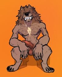 anthro bared_teeth black_claws black_nose bodily_fluids brown_body brown_fur bubble canid canine claws drooling erection front_view fur genitals male mammal muscular muscular_anthro muscular_male ninetht nipples nude orange_background penis red_eyes red_penis saliva simple_background sitting snot snot_bubble solo vein veiny_penis
