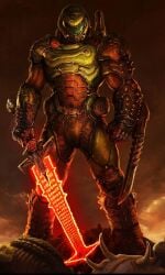 1boy armor doom doom_eternal doom_slayer doomguy full_armor glowing_sword glowing_weapon helmet holding_object holding_sword holding_weapon male male_focus outdoors science_fiction shoulder_armor solo solo_focus standing sword