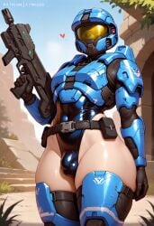 ai_generated armor armored belt blue_armor bulge cute femboy femboy_only halo_(series) heart_symbol holding_gun holding_object holding_weapon leotard male malesub outdoors spartan_(halo)