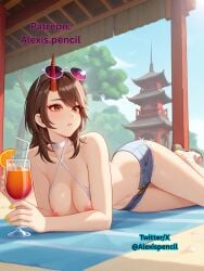 1girls ai_generated alexispencil beach brown_hair endorsi_jahad female glasses_on_head horn jean_shorts nail_polish no_bra painted_nails patreon sipping tagme topless tower_of_god twitter_username yellow_eyes