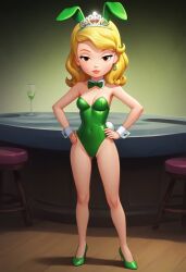 ai_generated amber bratty brown_eyes bunny_ears bunnysuit detailed detailed_background disney dress earrings female fusion_character green_dress nightclub playboy_bunny princess_sofia smirk smug sofia_balthazar sofia_balthazar_x_princess_amber sofia_the_first solo strip_club tiara
