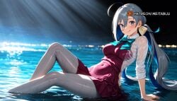 :> ahoge ai_generated arm_support blush bow bowtie breasts closed_mouth covered_navel dress female grey_eyes grey_hair hair_between_eyes kiyoshimo_(kancolle) kiyoshimo_kai_ni_(kancolle) knee_up large_breasts long_hair looking_at_viewer meitabuu multiple_girls partially_submerged sitting skin_tight smile soaking_feet solo tongue tongue_out twintails wet wet_clothes